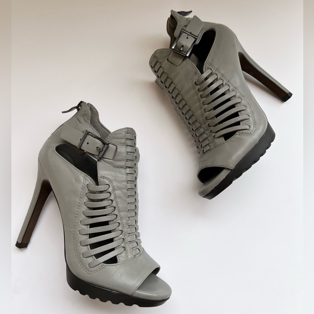 BCBGeneration Kaius Gray Leather Peep Toe Booties